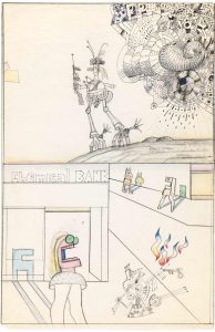 Street War (Cadavre Exquis), c. 1972-74. Pencil, crayon, colored pencil, and ballpoint pen on two joined sheets of paper, 21 x 13 ½ in. The Saul Steinberg Foundation