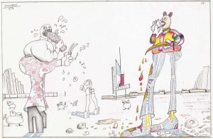 Untitled, 1974. Pencil and colored pencil on paper, 13 ¾ x 20 7/8 in. The Art Institute of Chicago; Gift of The Saul Steinberg Foundation. Original drawing for the “Fast Food” portfolio, The New Yorker, February 23, 1976.