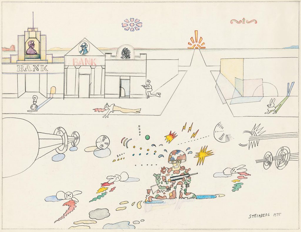 <em>Bank Street (Three Banks)</em>, 1975. Ink, pencil, colored pencil, crayon, watercolor, gouache, and rubber stamps on paper, 18 7/8 x 24 ½ in. Centre Pompidou, Paris; Gift of The Saul Steinberg Foundation.