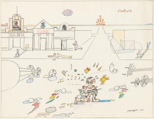 Bank Street (Three Banks), 1975. Ink, pencil, colored pencil, crayon, watercolor, gouache, and rubber stamps on paper, 18 7/8 x 24 ½ in. Centre Pompidou, Paris; Gift of The Saul Steinberg Foundation