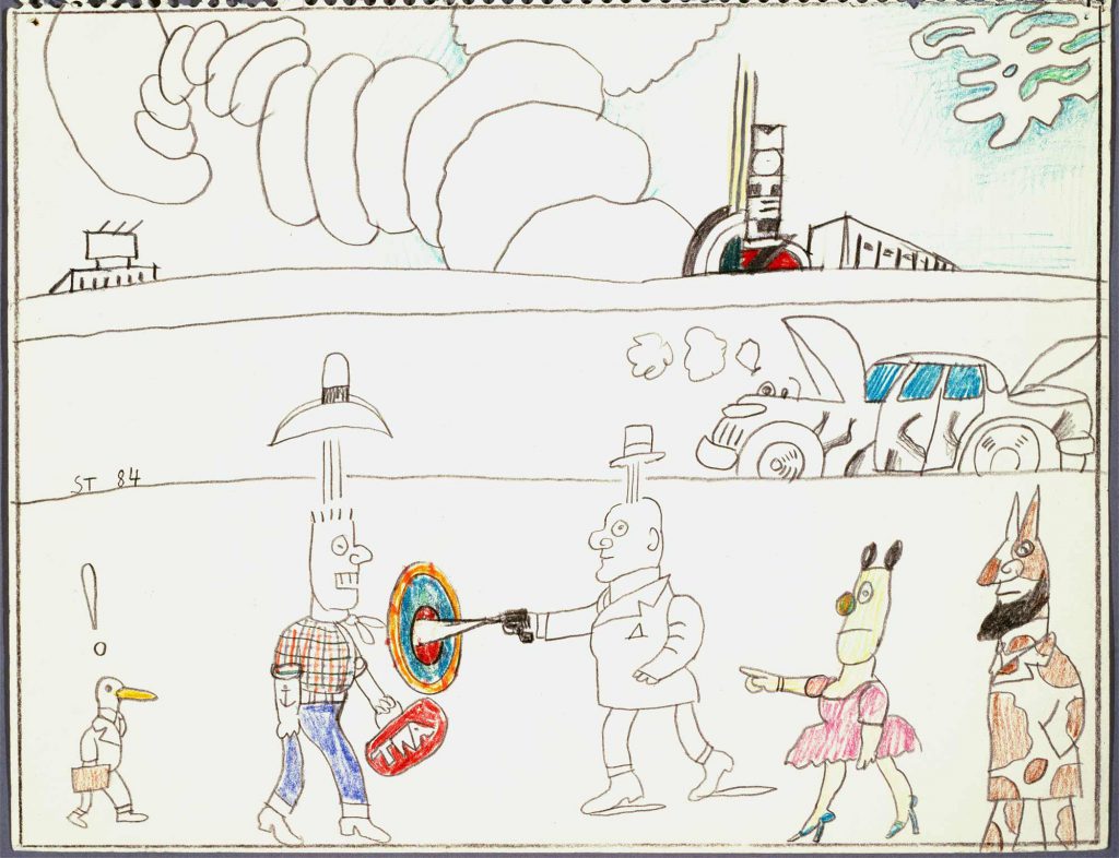 <em>Untitled</em>, 1964. Pencil and colored pencil on paper, 10 ¾ x 14 in. Saul Steinberg Papers, Beinecke Rare Book and Manuscript Library, Yale University