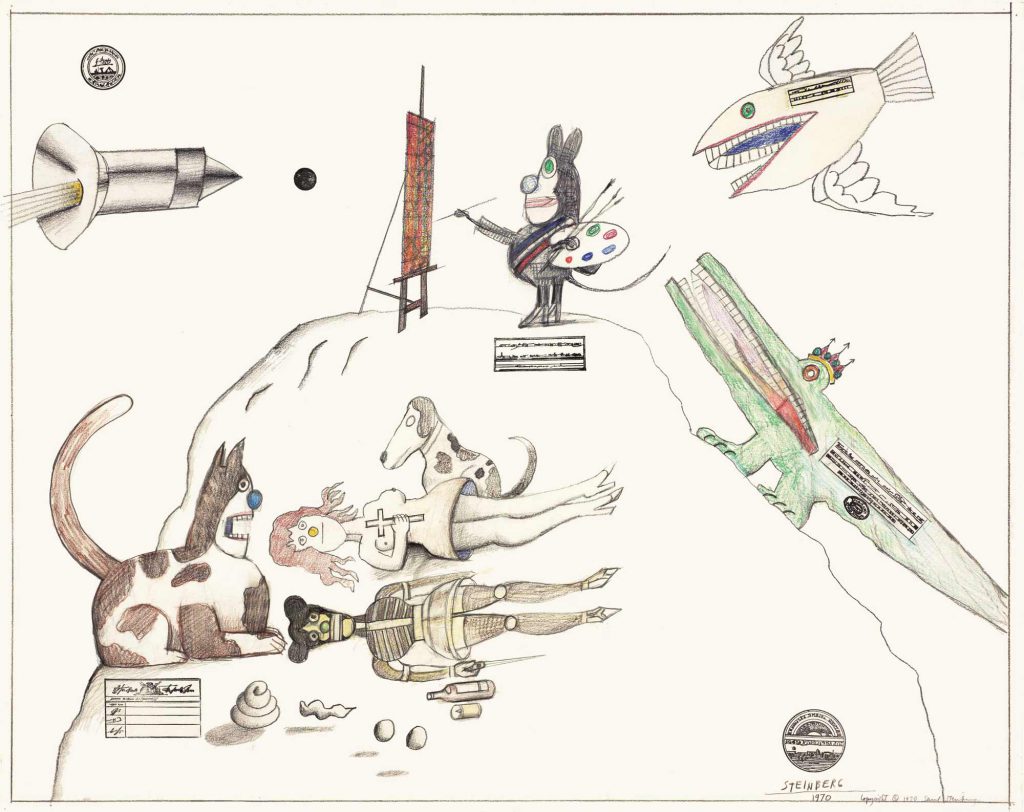 <em>Artist</em>, 1970. Pencil, crayon, colored pencil, ink, and rubber stamp on paper, 22 ½ x 28 ½ in. National Gallery of Art, Washington, DC; The Saul Steinberg Foundation.