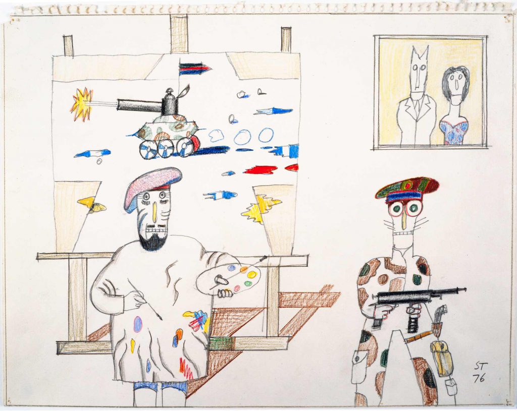 <em>Fight Artist</em>, 1976. Pencil, crayon, and colored pencil on paper, 11 x 14 in. Saul Steinberg Papers, Beinecke Rare Book and Manuscript Library, Yale University.