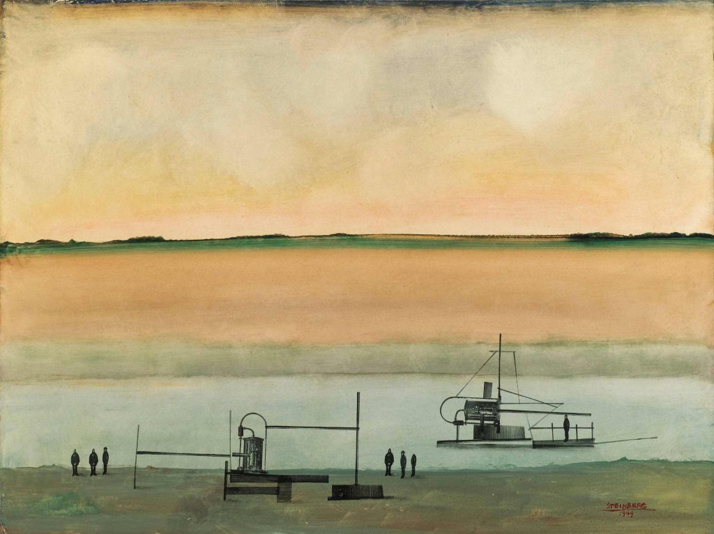<em>Louse Point</em>, 1969. Oil and rubber stamps on board, 18 x 24 in. Private collection.