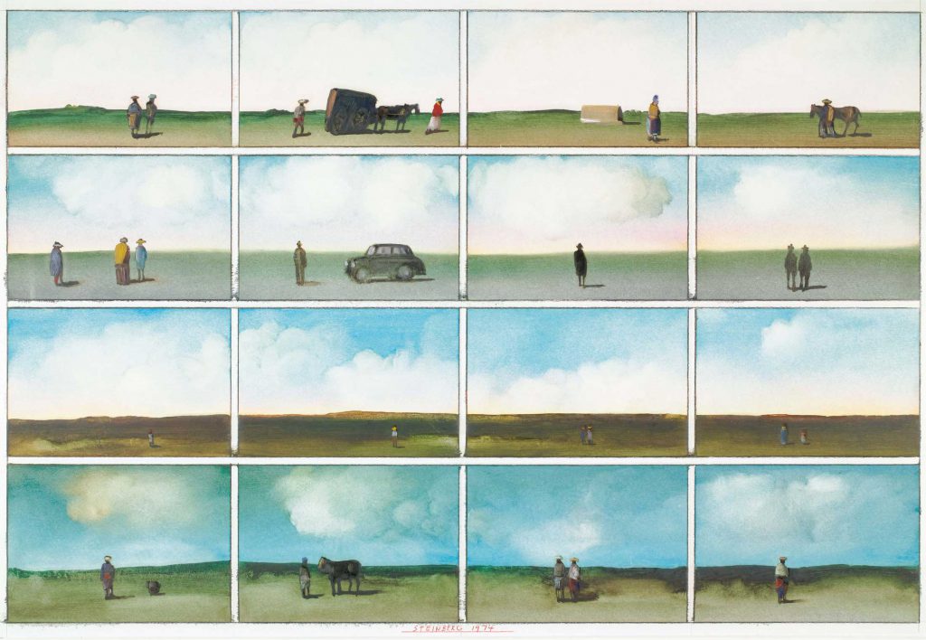 <em>Sixteen Postcards</em>, 1974. Mixed media on paper, 19 ¼ x 28 3/8 in. Collection of Karin Spiesshofer.