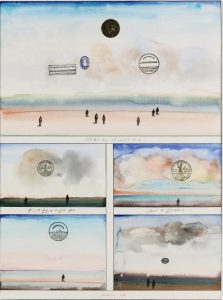 Five Sunsets, 1974. Watercolor, ink, rubber stamps, pencil, and collage on paper, 30 x 22 in. Private collection