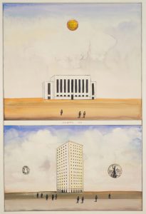 Western Projects, 1981. Watercolor, colored pencil, pencil, rubber stamps, collage, ink, and embossed foil on paper, 30 x 20 in. The Saul Steinberg Foundation