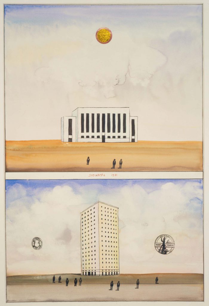 <em>Western Projects</em>, 1981. Watercolor, colored pencil, pencil, rubber stamps, collage, ink, and embossed foil on paper, 30 x 20 in. The Saul Steinberg Foundation.