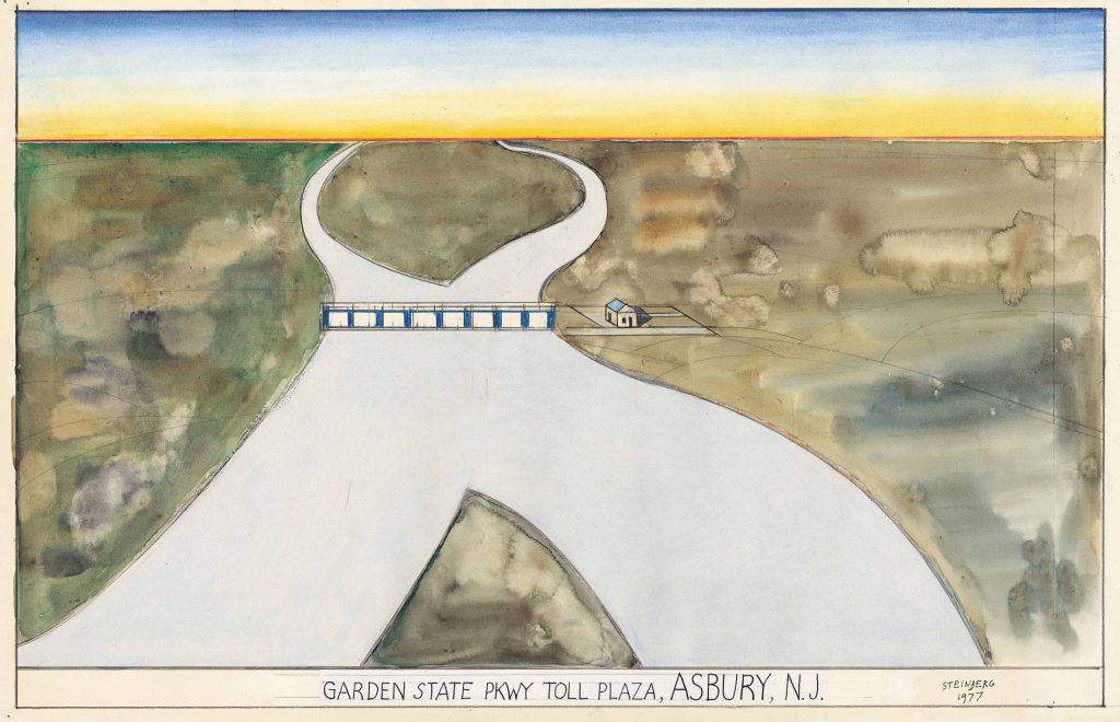 Original drawing for the portfolio “Postcards,” <em>The New Yorker</em>, January 16, 1978. <em>Garden State Pkwy Toll Plaza, Asbury, N.J.</em>, 1977. Watercolor, ink, colored pencil and pencil with collage on paper, 13 ¾ x 21 5/8 in. The Saul Steinberg Foundation.