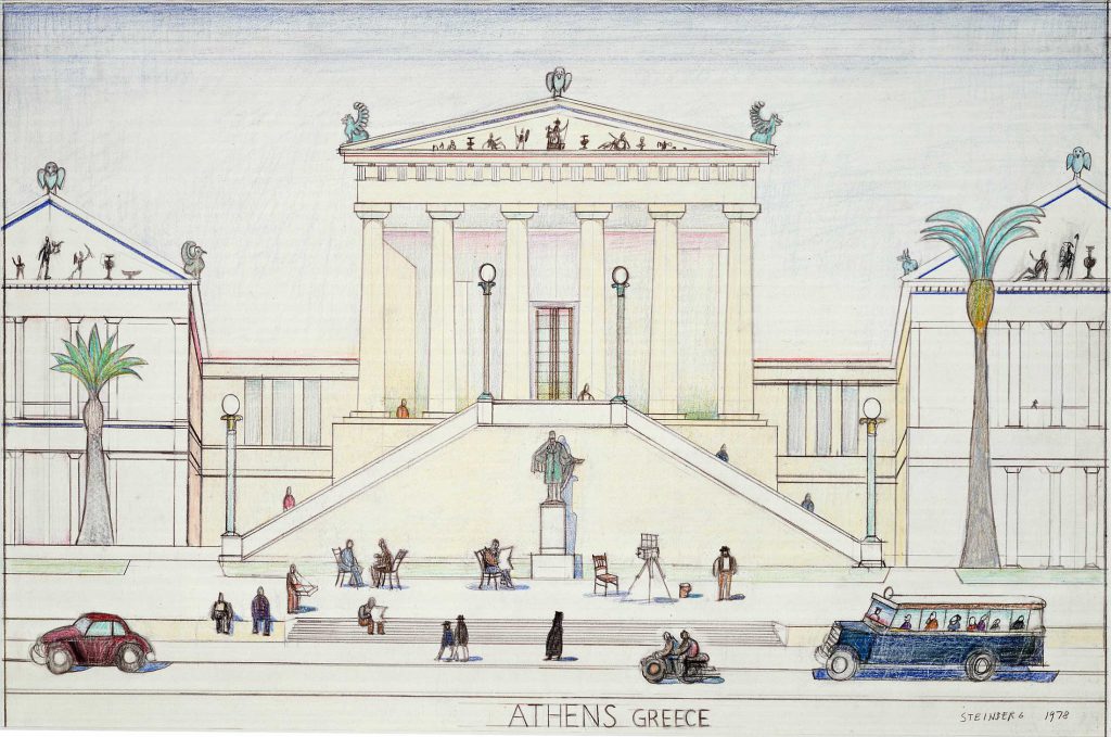 Original drawing for the portfolio “Postcards,” The New Yorker, February 25, 1980. Athens Greece, 1978. Colored pencil, crayon, and pencil on paper, 15 x 22 ½ in. Museum of Fine Arts, Boston; Gift of The Saul Steinberg Foundation.