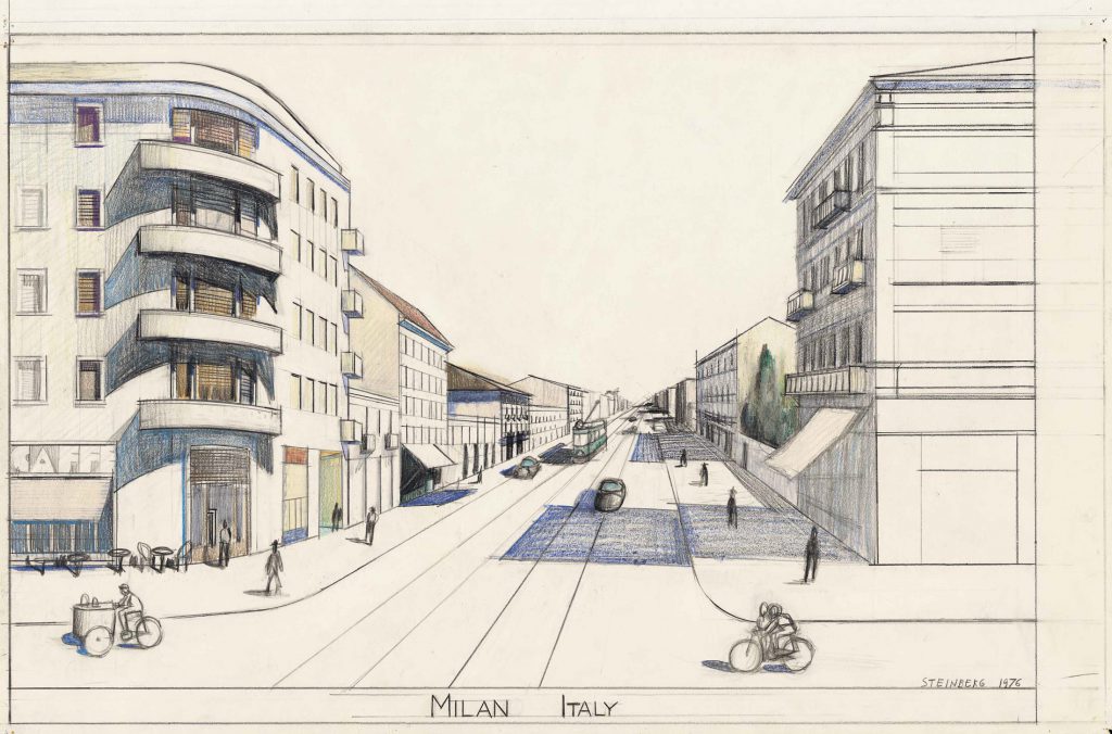 Original drawing for the portfolio “Postcards,” <em>The New Yorker</em>, February 25, 1980. <em>Milan Italy</em>, 1976. Colored pencil, crayon, and pencil on paper, 14 3/8 x 21 ¼ in. The Saul Steinberg Foundation.
