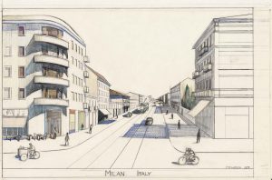 Milan Italy, 1976. Colored pencil, crayon, and pencil on paper, 14 3/8 x 21 ¼ in. Museum of Fine Arts, Boston; Gift of The Saul Steinberg Foundation. Original drawing for the portfolio “Postcards,” The New Yorker, February 25, 1980.