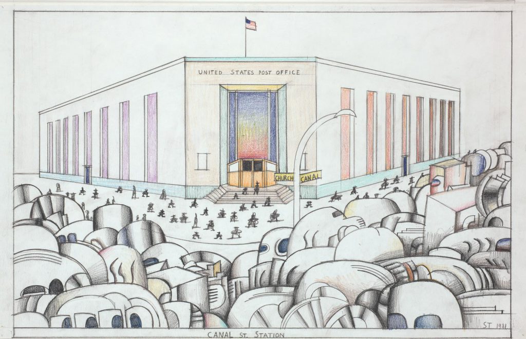 Original drawing for the portfolio “Post Office,” <em>The New Yorker</em>, March 1, 1982. <em>Canal St. Station</em>, 1981. Crayon, colored pencil, and pencil on paper 14 x 21 ¼ in. National Gallery of Art, Washington, DC; Gift of The Saul Steinberg Foundation.