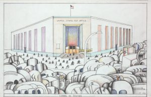 Canal St. Station, 1981. Crayon, colored pencil, and pencil on paper 14 x 21 ¼ in. National Gallery of Art, Washington DC; Gift of The Saul Steinberg Foundation. Original drawing for the portfolio “Post Office,” The New Yorker, March 1, 1982.