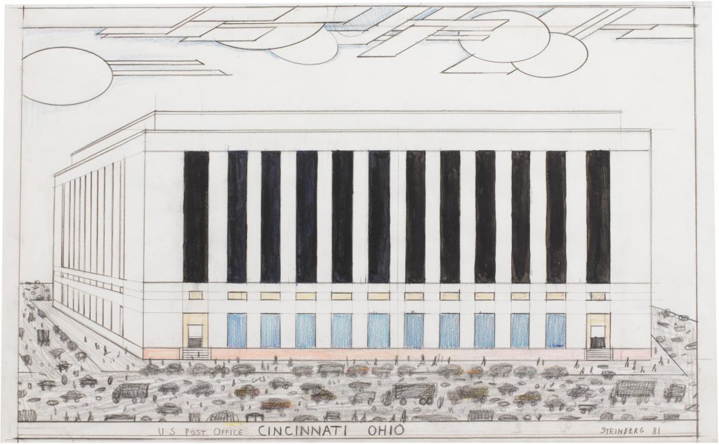 <em>U.S. Post Office, Cincinnati, Ohio</em>, 1981. Crayon, pencil, ink, gouache, and colored pencil on paper, 14 ½ x 23 in. The Saul Steinberg Foundation.