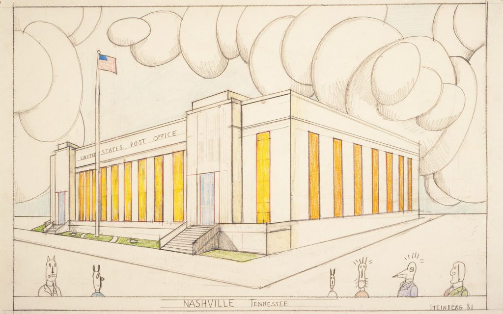 <em>Nashville, Tennessee [Post Office]</em>, 1981. Pencil, crayon, and colored pencil on paper, 14 ½ x 23 in. Tennessee State Museum, Nashville; Gift of The Saul Steinberg Foundation.