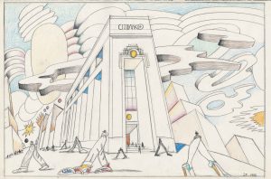 Untitled (Citibank), 1986. Pencil, colored pencil, and crayon on paper 14 ½ x 23 in. The Art Institute of Chicago; Gift of The Saul Steinberg Foundation. Original drawing for the portfolio “Bank,” The New Yorker, May 19, 1986.