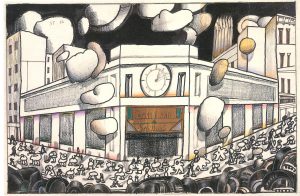Untitled, 1986. Colored markers, ink, ballpoint pen, colored pencil, crayon, foil and paper collage on paper, 14 ½ x 23 in. The Saul Steinberg Foundation. Original drawing for the portfolio “Bank,” The New Yorker, May 19, 1986.