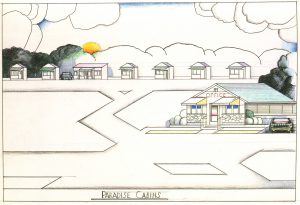 Paradise Cabins, 1976. Colored pencil, pencil, and crayon on paper, 14 x 21 ¾ in. Parrish Art Museum, Water Mill, New York; Gift of The Saul Steinberg Foundation.