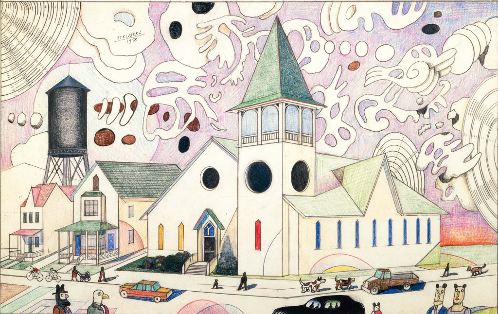 Original drawing for the portfolio “Country Traffic,” <em>The New Yorker</em>, December 1, 1980. <em>Henderson Church</em>, 1978. Colored pencil on paper, 14 ½ x 22 ¼ in. Private collection.