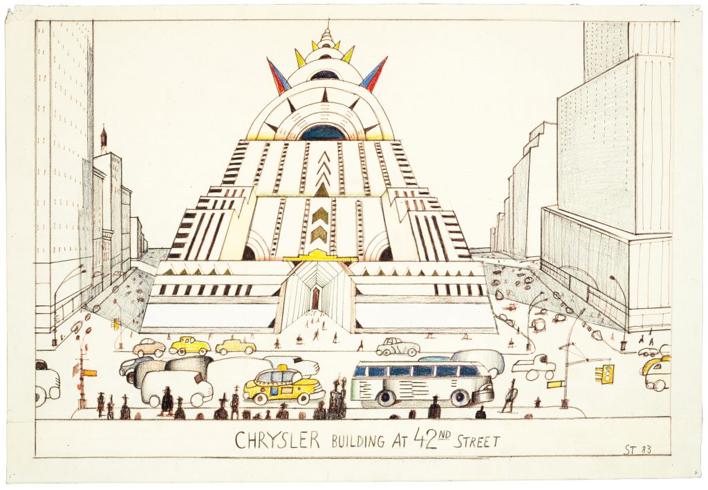 <em>Chrysler Building at 42nd Street</em>, 1983. Pencil and colored pencil on paper, 13 x 19 ¾ in. Collection of Richard and Ronay Menschel. Variant of drawing published in the portfolio “Lexington Avenue,” <em>The New Yorker</em>, July 4, 1983.