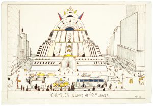 Chrysler Building at 42nd Street, 1983. Pencil and colored pencil on paper, 13 x 19 ¾ in. Collection of Richard and Ronay Menschel. Variant of drawing published in the portfolio “Lexington Avenue,” The New Yorker, July 4, 1983
