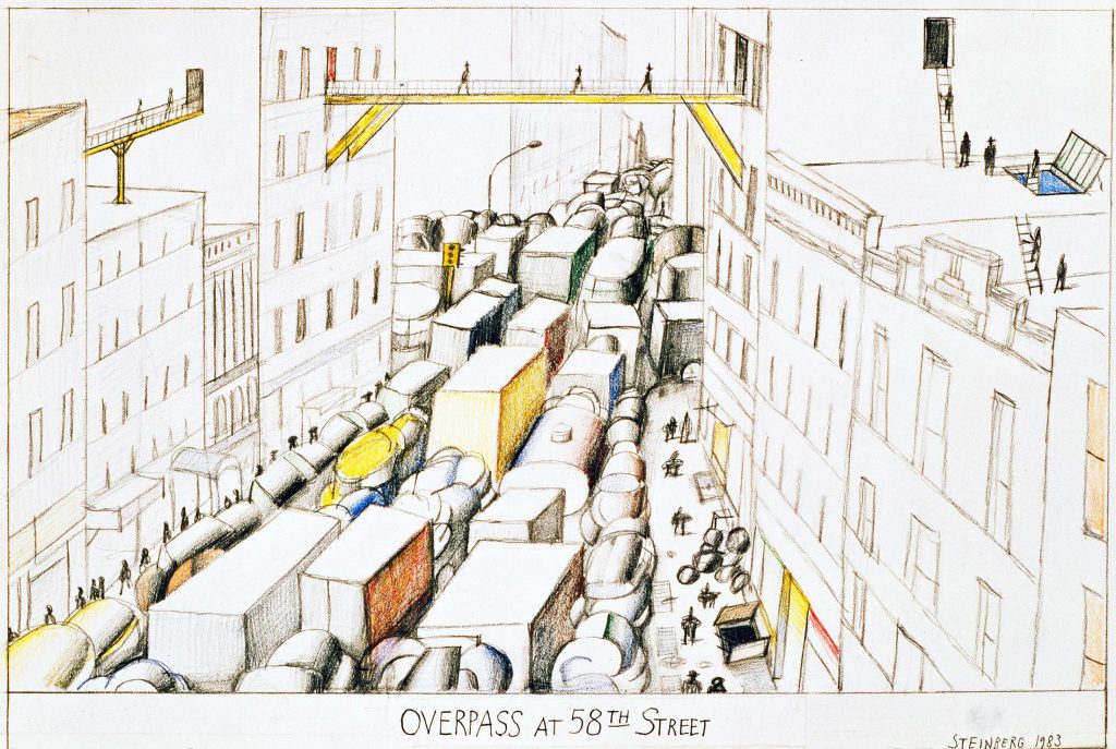 Original drawing for the portfolio “Lexington Avenue,” <em>The New Yorker</em>, July 4, 1983. <em>Overpass at 58th Street</em>, 1983. Pencil and colored pencil on paper, 14 x 23 in. Collection of Diana and Alfredo Lowenstein.