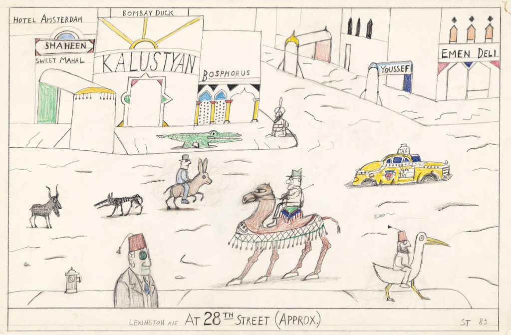 Original drawing for the portfolio “Lexington Avenue,” <em>The New Yorker</em>, July 4, 1983. <em>Lexington Ave at 28th Street (Approx.)</em>, 1983. Pencil, colored pencil, and crayon on paper, 14 ½ x 23 in. The Saul Steinberg Foundation.