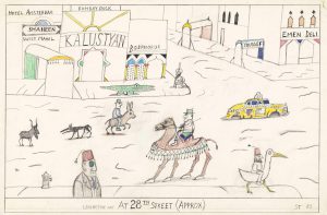 Lexington Ave at 28th Street (Approx.), 1983. Pencil, colored pencil, and crayon on paper, 14 ½ x 23 in. The Jewish Museum, New York; Gift of The Saul Steinberg Foundation. Original drawing for the portfolio “Lexington Avenue,” The New Yorker, July 4, 1983.