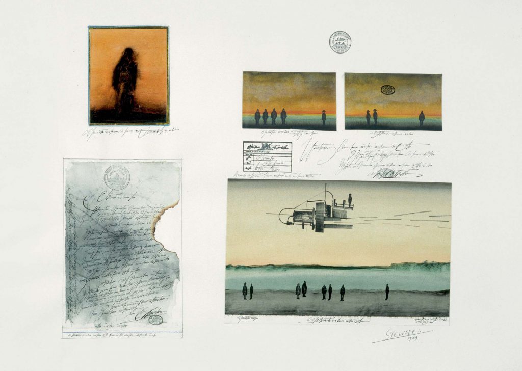 <em>Album</em>, 1969. Collage of four drawings on board, with ink, varnish, crayon, pencil, gilt paper, and rubber stamps, 22 ¼ x 30 ½ in. Centre Pompidou, Paris.