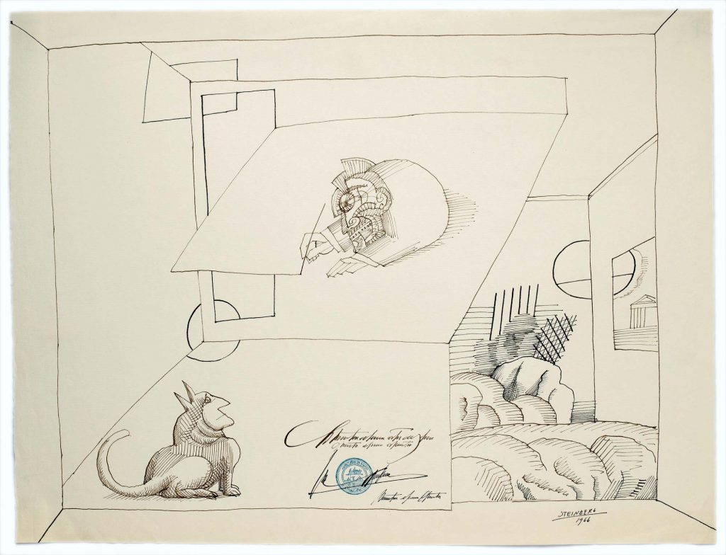 <em>Untitled</em>, 1966. Ink and rubber stamp on paper, 19 x 24 7/8 in. The Saul Steinberg Foundation.