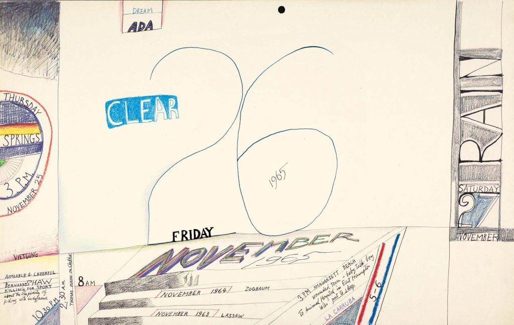 <em>November 26, 1965</em>, 1965. Ink and colored pencil on paper, 14 ½ x 23 in. Museum Ludwig, Cologne; Gift of The Saul Steinberg Foundation.