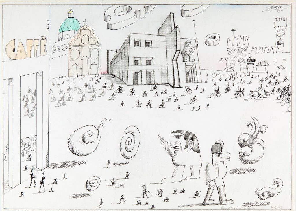 Original drawing for the portfolio “Italy--1938,” <em>The New Yorker</em>, October 7, 1974. <em>Modena 1939</em>, 1970. Ink, colored pencil, watercolor, and charcoal, 19 ¾ x 25 ½ in. Private collection.