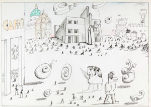 Modena 1939, 1970. Ink, colored pencil, watercolor, and charcoal, 19 ¾ x 25 ½ in. The Saul Steinberg Foundation. Original drawing for the portfolio “Italy--1938,” The New Yorker, October 7, 1974.