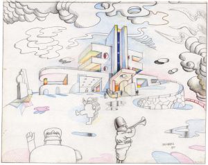 Bergamo 1939 (Milano Bauhaus), 1971. Pencil, colored pencil, ink, and crayon on paper, 22 5/8 x 28 ¾ in. The Morgan Library & Museum, New York; Gift of The Saul Steinberg Foundation. Original drawing for the portfolio “Italy--1938,” The New Yorker, October 7, 1974.