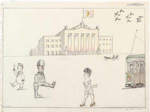 Milano 1938, 1970. Pencil on colored pencil on paper, 18 3/8 x 24 3/8 in. Biblioteca Nazionale Braidense/Pinacoteca di Brera, Milan; Gift of The Saul Steinberg Foundation. Original drawing for the portfolio “Italy--1938,” The New Yorker, October 7, 1974.