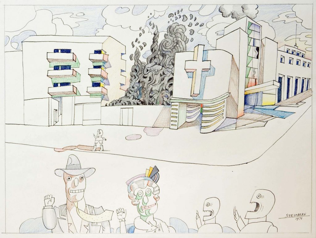 <em>Viale Romagna (Via Pascoli)</em>, 1971. Ink, crayon, and pencil on paper, 19 ½ x 25 ½ in. National Gallery of Art, Prague; Gift of The Saul Steinberg Foundation.