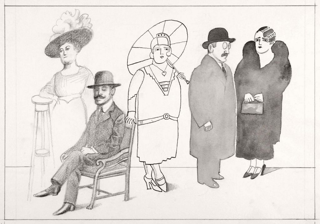 Original drawing for the portfolio “Uncles,” <em>The New Yorker</em>, December 25, 1978. <em>Untitled</em>, 1978. Pencil, ink, and wash on paper, 13 x 19 ½ in. Saul Steinberg Papers, Beinecke Rare Book and Manuscript Library, Yale University.