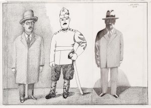 Three Brothers, 1977. Wash, ink, and pencil on paper, 14 ¼ x 20 ¼ in. The Saul Steinberg Foundation. Original drawing for the portfolio “Uncles,” The New Yorker, December 25, 1978.