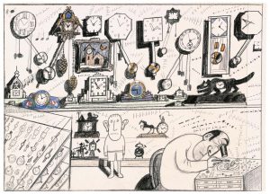 Untitled, 1979. Black pencil, conté crayon, ink, crayon, and pencil on paper, 11 x 15 in. Saul Steinberg Papers, Beinecke Rare Book and Manuscript Library, Yale University. Original drawing for the portfolio “Cousins,” The New Yorker, May 28, 1979.