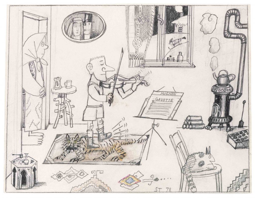 Original drawing for the portfolio “Cousins,” <em>The New Yorker</em>, May 28, 1979. <em>Untitled</em>, 1978. Pencil and colored pencil on paper, 10 ½ x 13 ¾ in. Private collection.