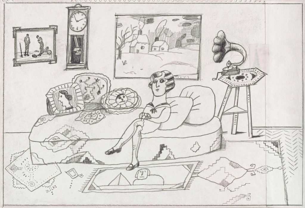 Original drawing for the portfolio “Cousins,” <em>The New Yorker</em>, May 28, 1979. <em>Untitled</em>, 1979. Black pencil and pencil on paper, 11 x 16 in. Saul Steinberg Papers, Beinecke Rare Book and Manuscript Library, Yale University.