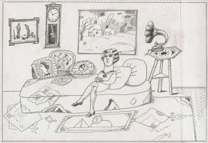 Untitled, 1979. Black pencil and pencil on paper, 11 x 16 in. Saul Steinberg Papers, Beinecke Rare Book and Manuscript Library, Yale University. Original drawing for the portfolio “Cousins,” The New Yorker, May 28, 1979.