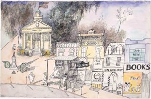 The South, 1955. Ink, pencil, colored pencil, and watercolor on paper, 14 ½ x 23 in. The Art Institute of Chicago; Gift of The Saul Steinberg Foundation