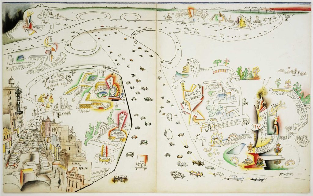 Untitled, 1958. Ink, colored pencil, and pencil on paper, 27 1/8 x 44 in. Private collection. Made for the feature “Steinberg Stops for the Night,” Fortune, June 1959