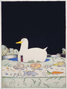 The Riverhead Duck, 1986. Colored pencil, crayon, ink, pencil, and watercolor on paper, 20 x 15 in. Private collection
