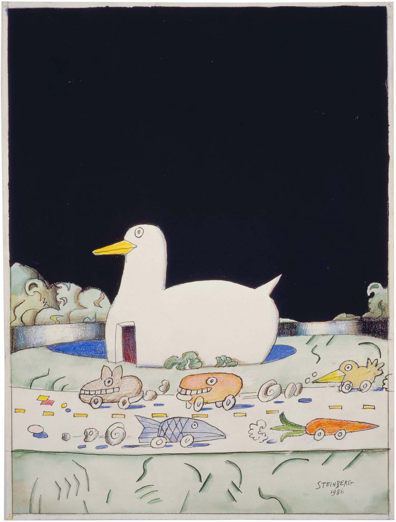 <em>The Riverhead Duck</em>, 1986. Colored pencil, crayon, ink, pencil, and watercolor on paper, 20 x 15 in. Private collection.