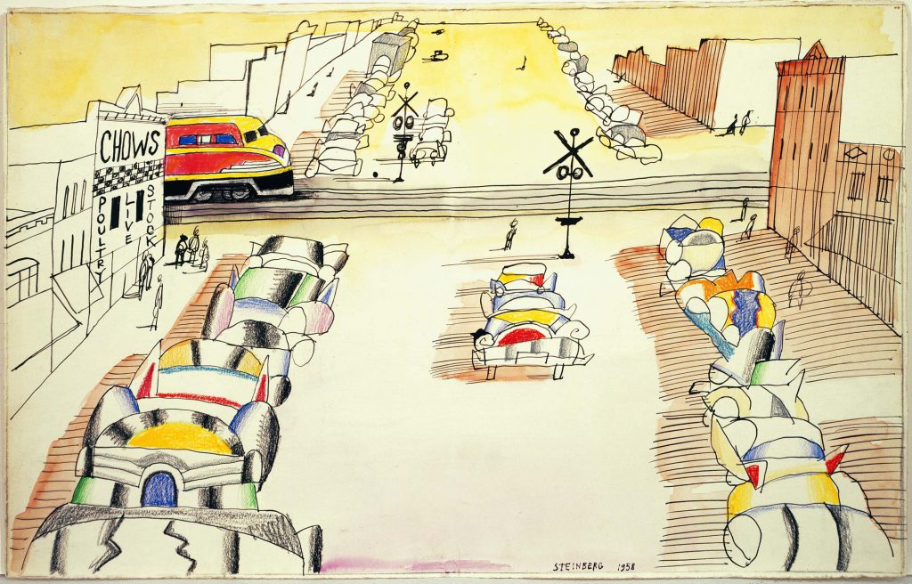 <em>Railroad Crossing</em>, 1958. Watercolor, pastel, ink, and pencil on paper, 14 ½ x 22 ¾ in. Private collection.