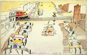 Railroad Crossing, 1958. Watercolor, pastel, ink, and pencil on paper, 14 ½ x 22 ¾ in. Private collection