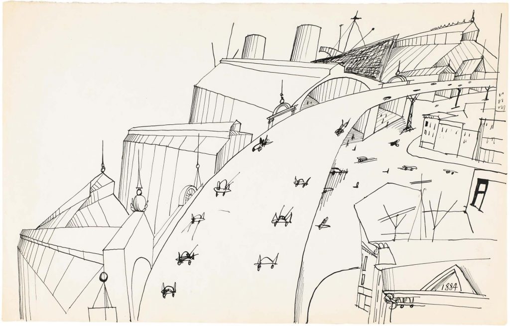 <em>Untitled</em>, 1958. Ink on paper, 14 ½ x 22 7/8 in. Blanton Museum of Art, University of Texas at Austin; Gift of The Saul Steinberg Foundation.
